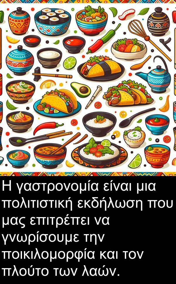 επιτρέπει: Η γαστρονομία είναι μια πολιτιστική εκδήλωση που μας επιτρέπει να γνωρίσουμε την ποικιλομορφία και τον πλούτο των λαών.
