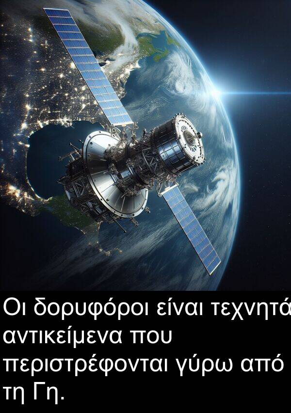 γύρω: Οι δορυφόροι είναι τεχνητά αντικείμενα που περιστρέφονται γύρω από τη Γη.
