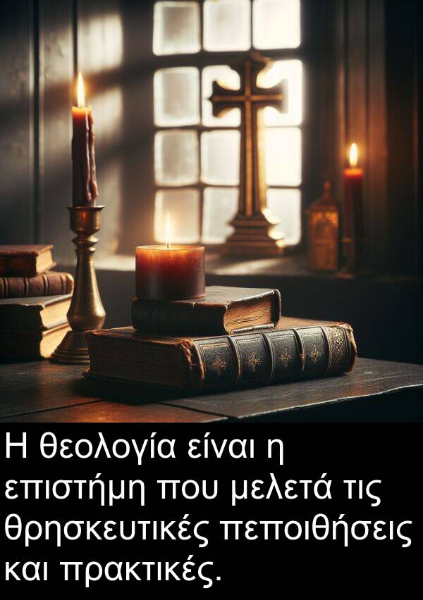 θεολογία: Η θεολογία είναι η επιστήμη που μελετά τις θρησκευτικές πεποιθήσεις και πρακτικές.