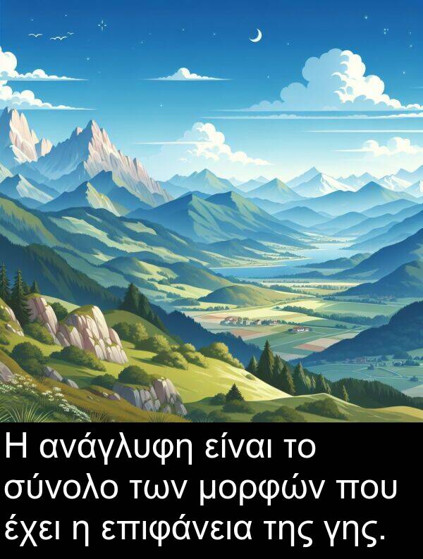 επιφάνεια: Η ανάγλυφη είναι το σύνολο των μορφών που έχει η επιφάνεια της γης.