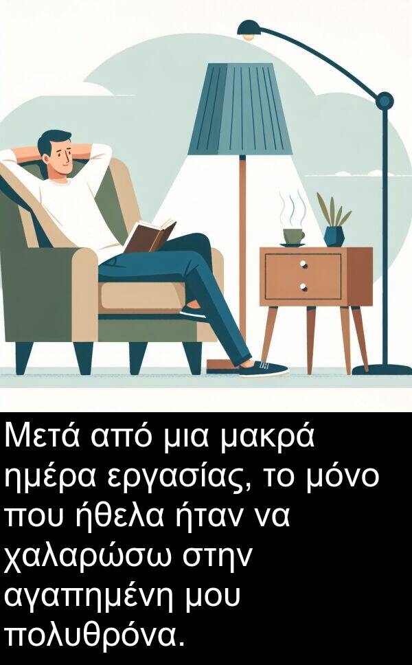 ημέρα: Μετά από μια μακρά ημέρα εργασίας, το μόνο που ήθελα ήταν να χαλαρώσω στην αγαπημένη μου πολυθρόνα.