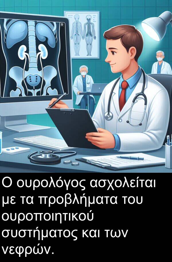ουροποιητικού: Ο ουρολόγος ασχολείται με τα προβλήματα του ουροποιητικού συστήματος και των νεφρών.