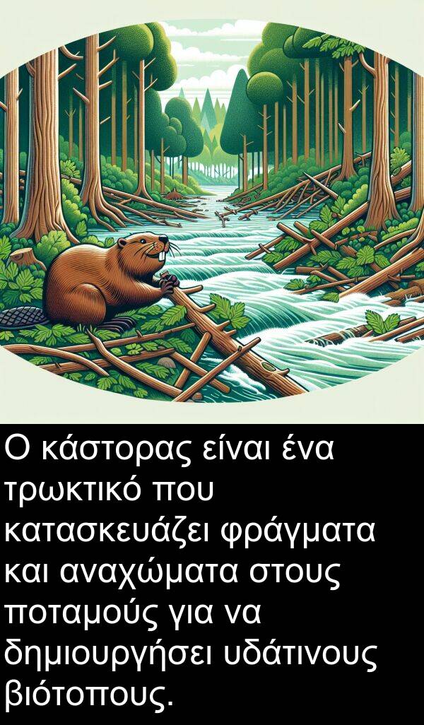φράγματα: Ο κάστορας είναι ένα τρωκτικό που κατασκευάζει φράγματα και αναχώματα στους ποταμούς για να δημιουργήσει υδάτινους βιότοπους.