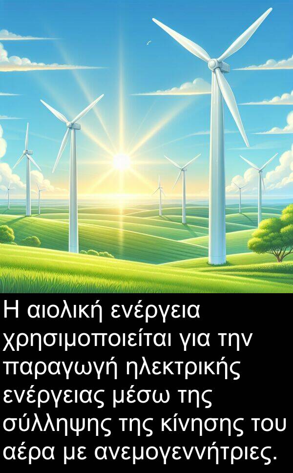 ενέργεια: Η αιολική ενέργεια χρησιμοποιείται για την παραγωγή ηλεκτρικής ενέργειας μέσω της σύλληψης της κίνησης του αέρα με ανεμογεννήτριες.