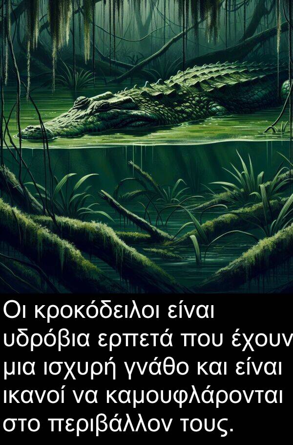 περιβάλλον: Οι κροκόδειλοι είναι υδρόβια ερπετά που έχουν μια ισχυρή γνάθο και είναι ικανοί να καμουφλάρονται στο περιβάλλον τους.