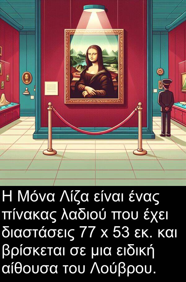 εκ: Η Μόνα Λίζα είναι ένας πίνακας λαδιού που έχει διαστάσεις 77 x 53 εκ. και βρίσκεται σε μια ειδική αίθουσα του Λούβρου.