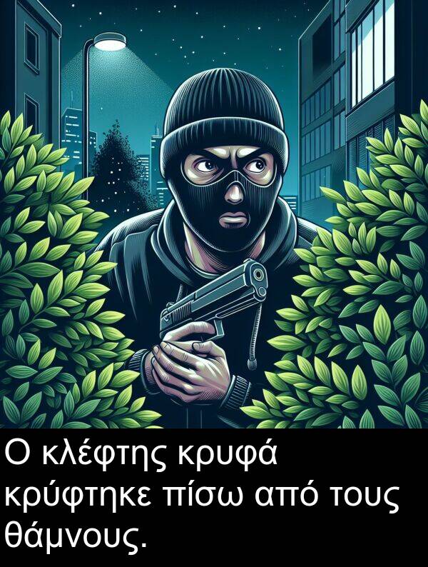 από: Ο κλέφτης κρυφά κρύφτηκε πίσω από τους θάμνους.
