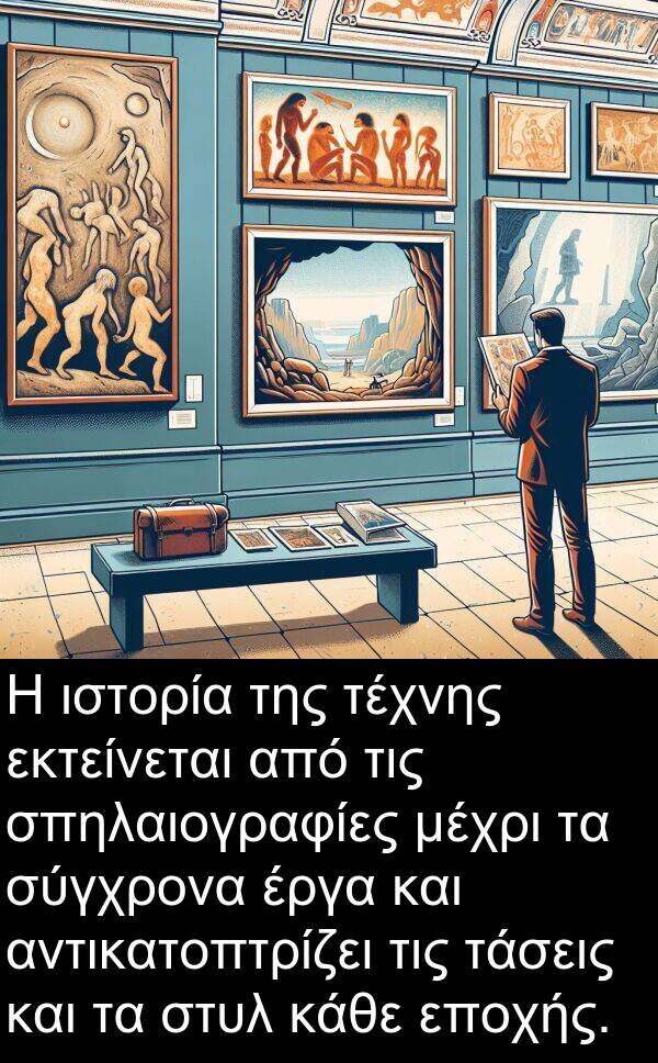 αντικατοπτρίζει: Η ιστορία της τέχνης εκτείνεται από τις σπηλαιογραφίες μέχρι τα σύγχρονα έργα και αντικατοπτρίζει τις τάσεις και τα στυλ κάθε εποχής.