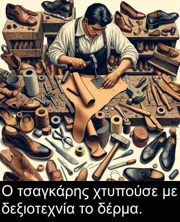 δεξιοτεχνία: Ο τσαγκάρης χτυπούσε με δεξιοτεχνία το δέρμα.