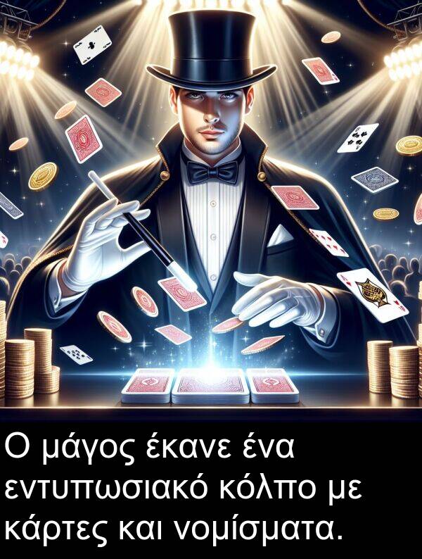 έκανε: Ο μάγος έκανε ένα εντυπωσιακό κόλπο με κάρτες και νομίσματα.