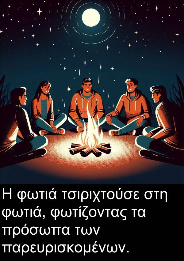 φωτιά: Η φωτιά τσιριχτούσε στη φωτιά, φωτίζοντας τα πρόσωπα των παρευρισκομένων.