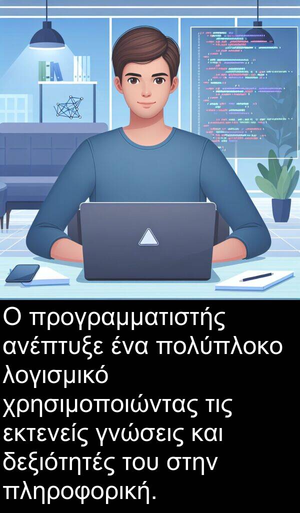 δεξιότητές: Ο προγραμματιστής ανέπτυξε ένα πολύπλοκο λογισμικό χρησιμοποιώντας τις εκτενείς γνώσεις και δεξιότητές του στην πληροφορική.
