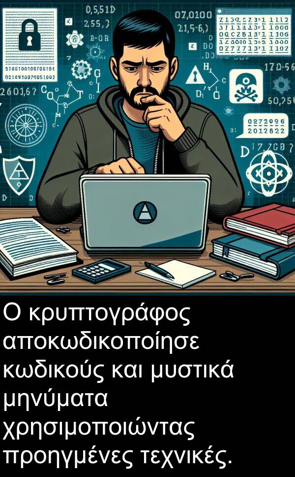 μυστικά: Ο κρυπτογράφος αποκωδικοποίησε κωδικούς και μυστικά μηνύματα χρησιμοποιώντας προηγμένες τεχνικές.