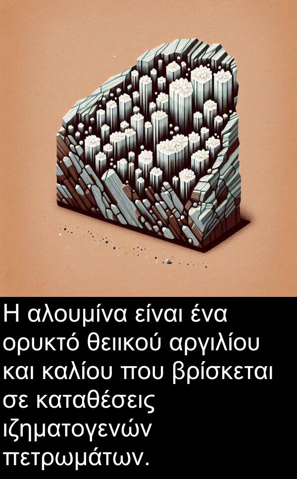 θειικού: Η αλουμίνα είναι ένα ορυκτό θειικού αργιλίου και καλίου που βρίσκεται σε καταθέσεις ιζηματογενών πετρωμάτων.