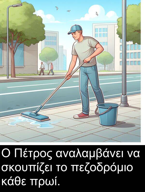 κάθε: Ο Πέτρος αναλαμβάνει να σκουπίζει το πεζοδρόμιο κάθε πρωί.