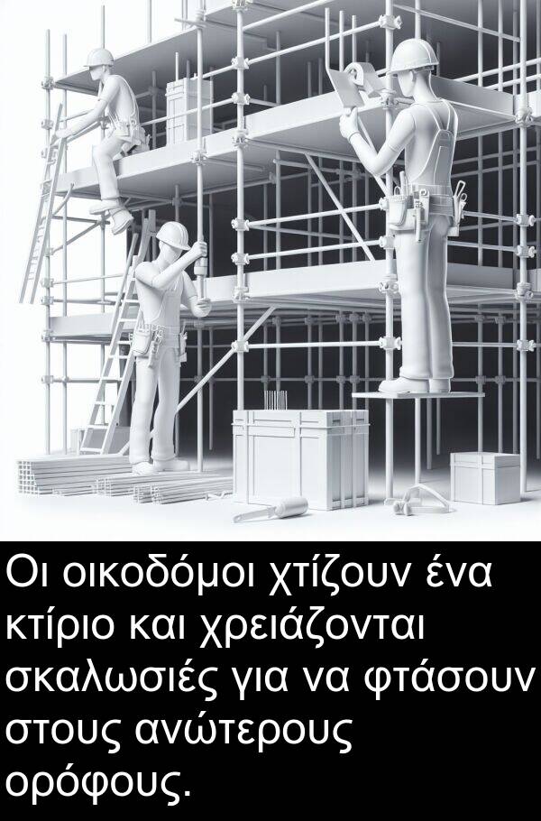 σκαλωσιές: Οι οικοδόμοι χτίζουν ένα κτίριο και χρειάζονται σκαλωσιές για να φτάσουν στους ανώτερους ορόφους.