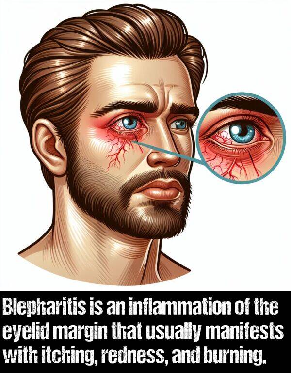 burning: Blepharitis is an inflammation of the eyelid margin that usually manifests with itching, redness, and burning.