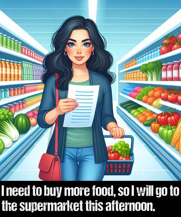 need: I need to buy more food, so I will go to the supermarket this afternoon.