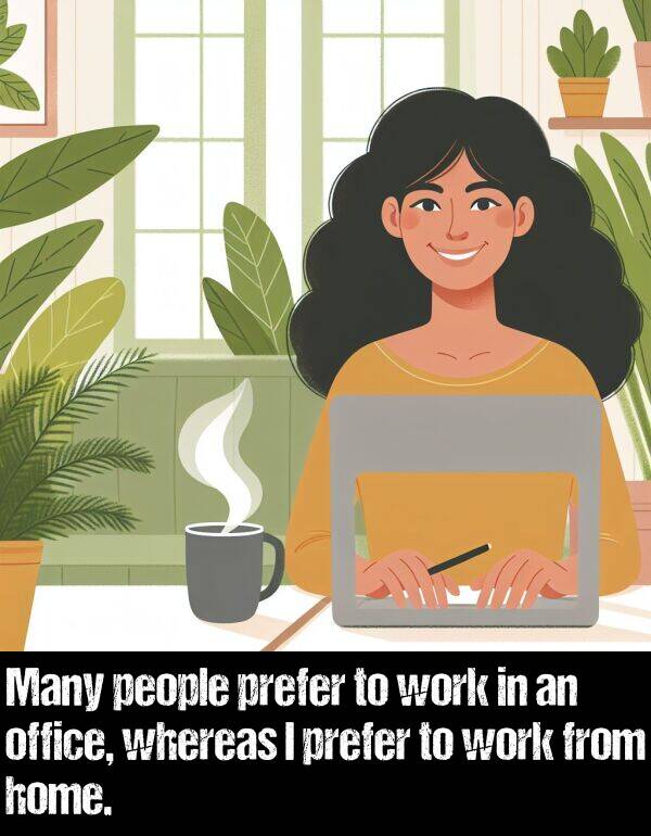 work: Many people prefer to work in an office, whereas I prefer to work from home.