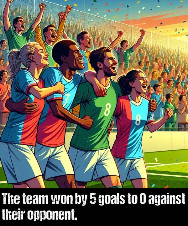 their: The team won by 5 goals to 0 against their opponent.