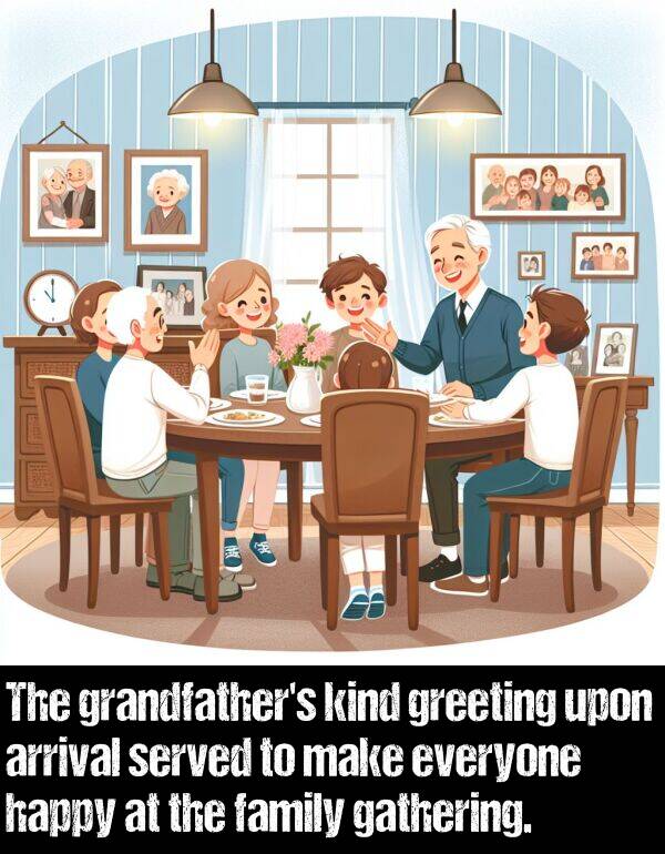 kind: The grandfather's kind greeting upon arrival served to make everyone happy at the family gathering.