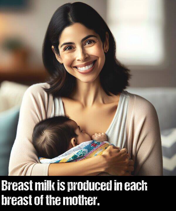 each: Breast milk is produced in each breast of the mother.