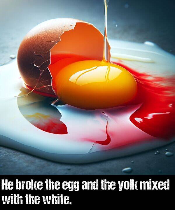white: He broke the egg and the yolk mixed with the white.
