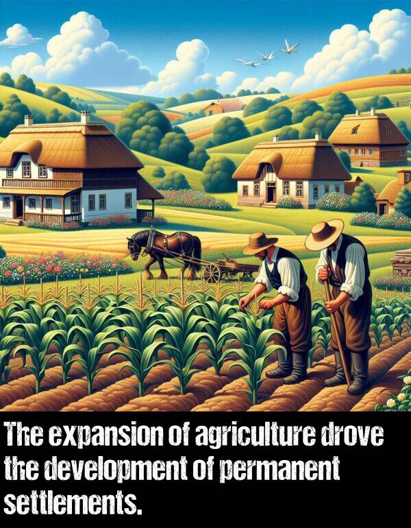 expansion: The expansion of agriculture drove the development of permanent settlements.