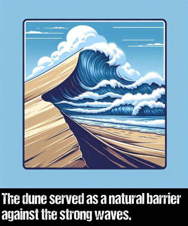 barrier: The dune served as a natural barrier against the strong waves.