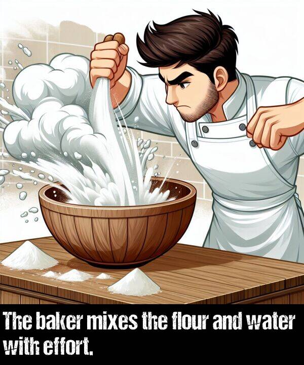 baker: The baker mixes the flour and water with effort.