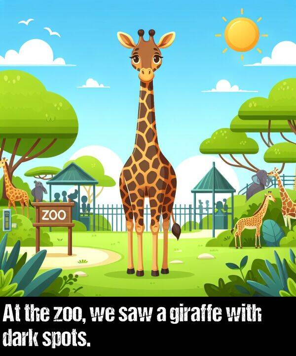 zoo: At the zoo, we saw a giraffe with dark spots.