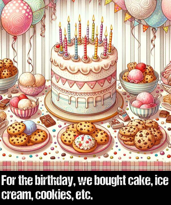 birthday: For the birthday, we bought cake, ice cream, cookies, etc.