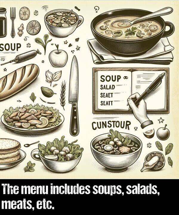 salads: The menu includes soups, salads, meats, etc.