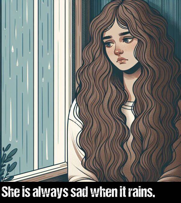 rains: She is always sad when it rains.