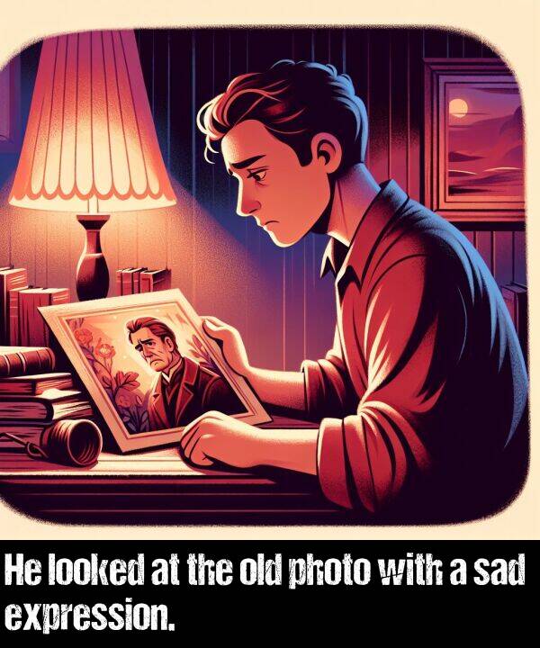 looked: He looked at the old photo with a sad expression.
