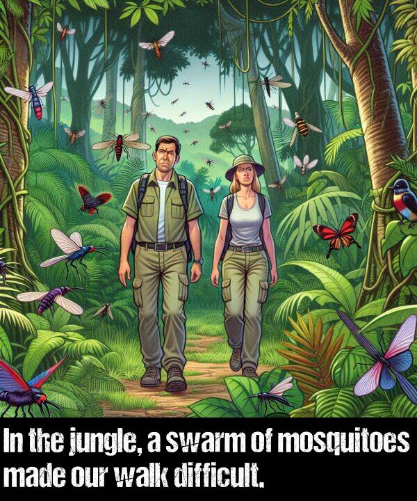 walk: In the jungle, a swarm of mosquitoes made our walk difficult.