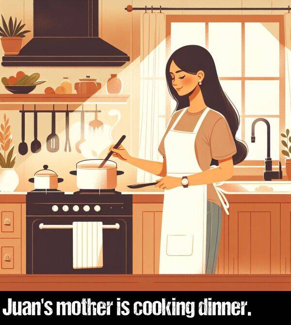 cooking: Juan's mother is cooking dinner.