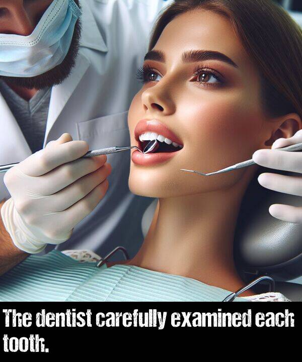 each: The dentist carefully examined each tooth.
