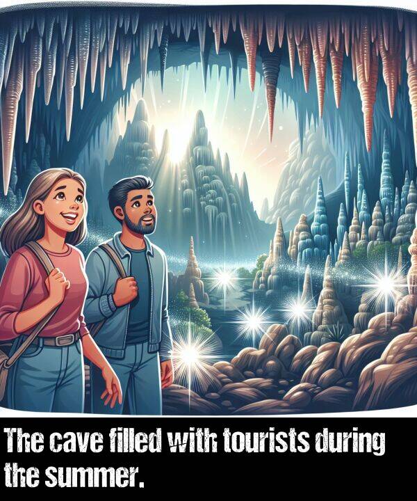 during: The cave filled with tourists during the summer.