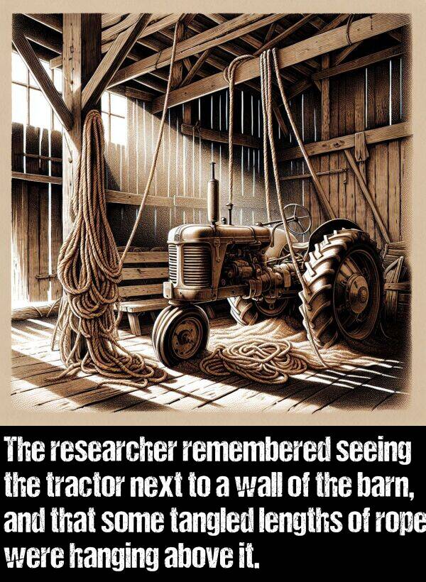 lengths: The researcher remembered seeing the tractor next to a wall of the barn, and that some tangled lengths of rope were hanging above it.