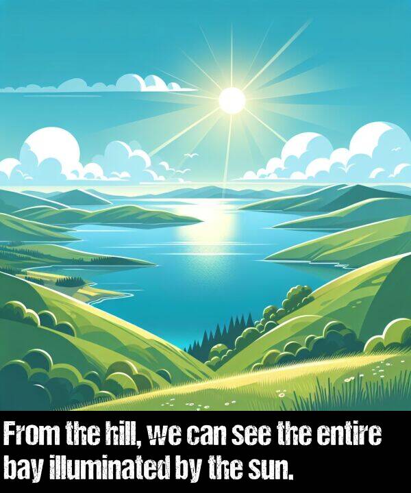 bay: From the hill, we can see the entire bay illuminated by the sun.