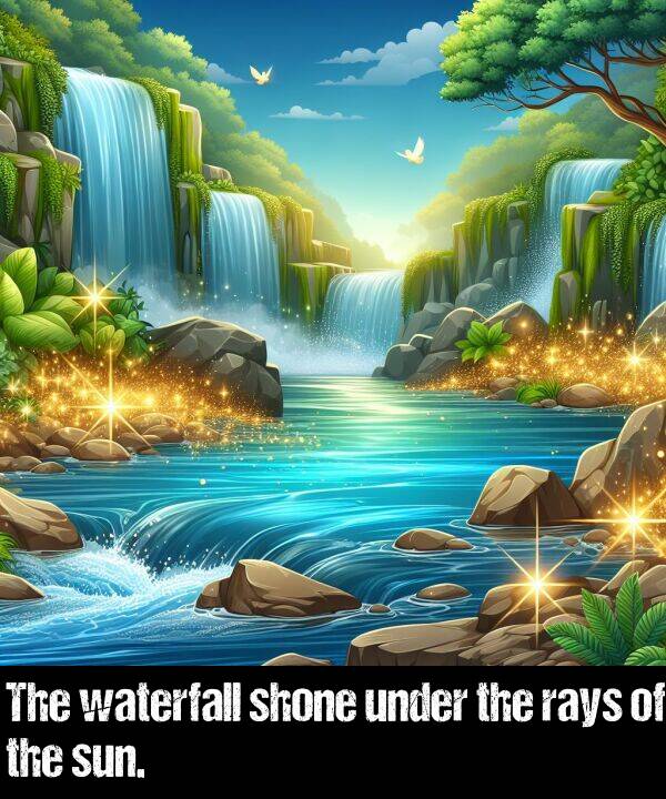 under: The waterfall shone under the rays of the sun.