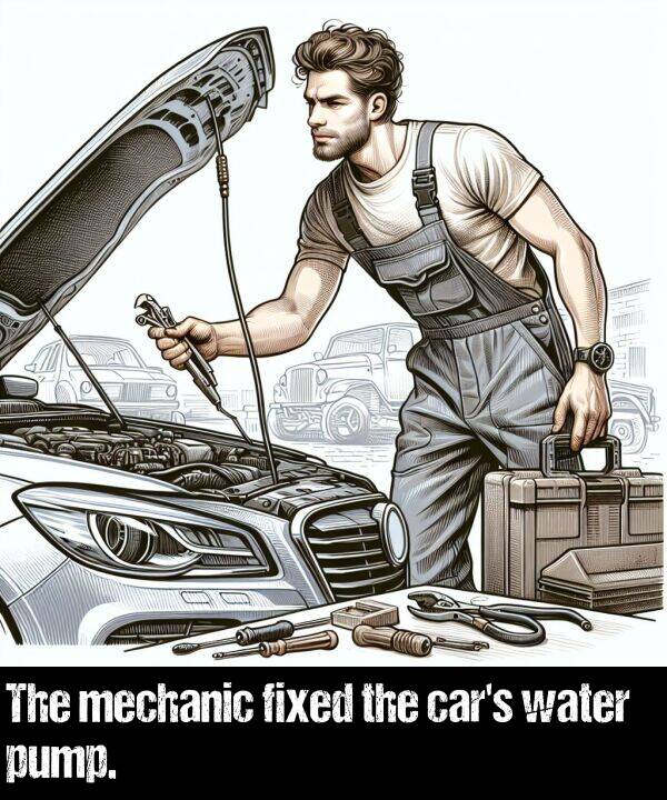 water: The mechanic fixed the car's water pump.