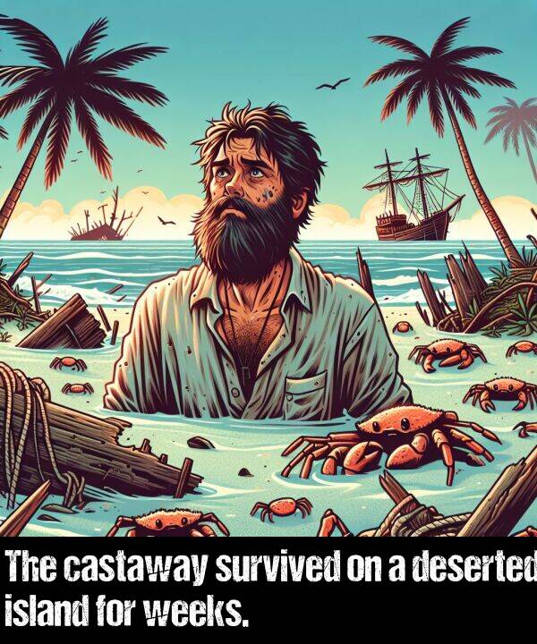weeks: The castaway survived on a deserted island for weeks.