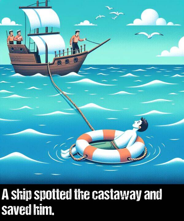 saved: A ship spotted the castaway and saved him.