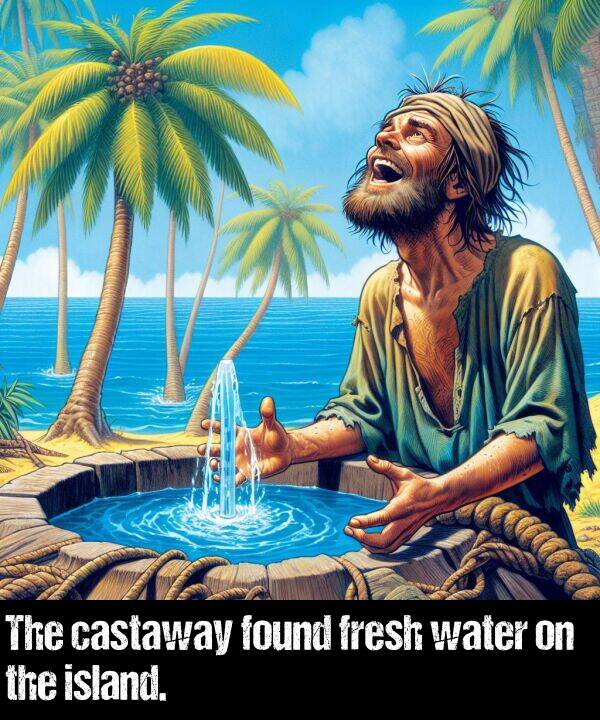 water: The castaway found fresh water on the island.
