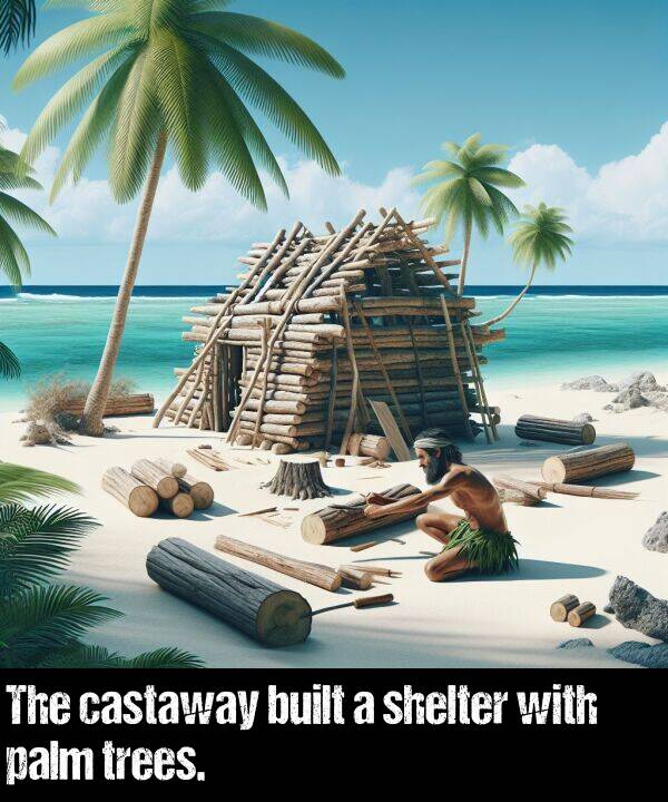 built: The castaway built a shelter with palm trees.