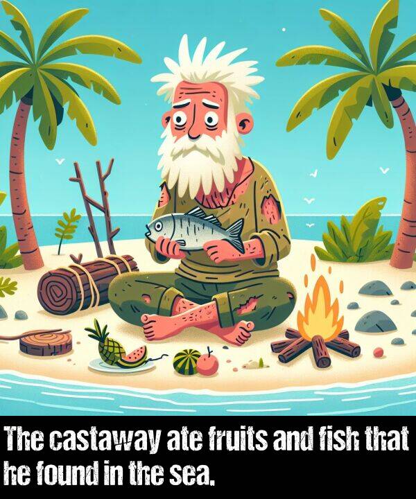 castaway: The castaway ate fruits and fish that he found in the sea.