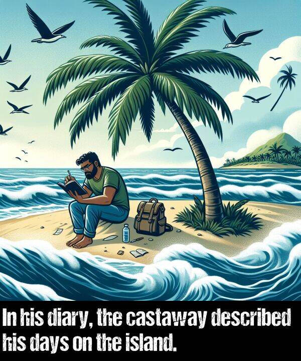 described: In his diary, the castaway described his days on the island.