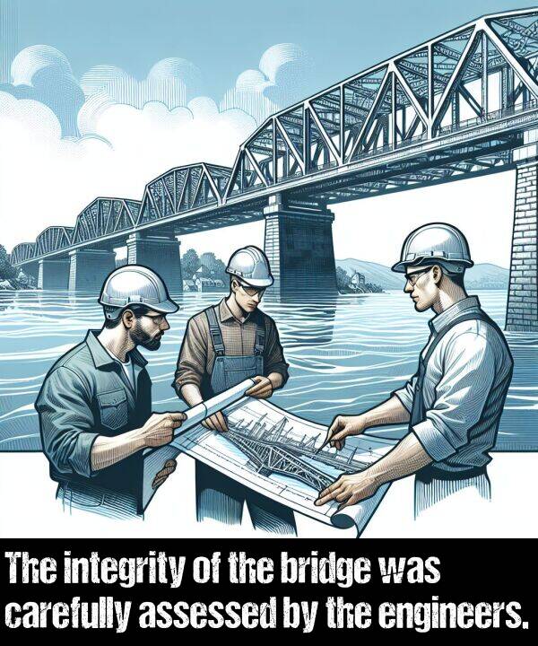 bridge: The integrity of the bridge was carefully assessed by the engineers.